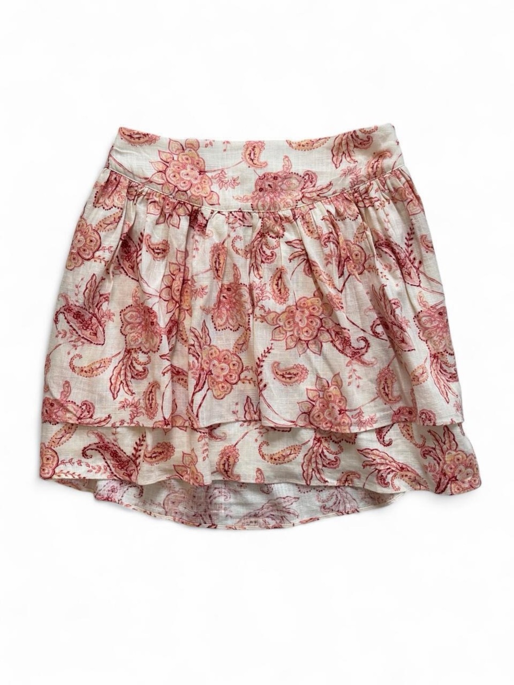 Express Linen Rayon Paisley Tiered Mini Skirt Size 6 Pink Orange Cream